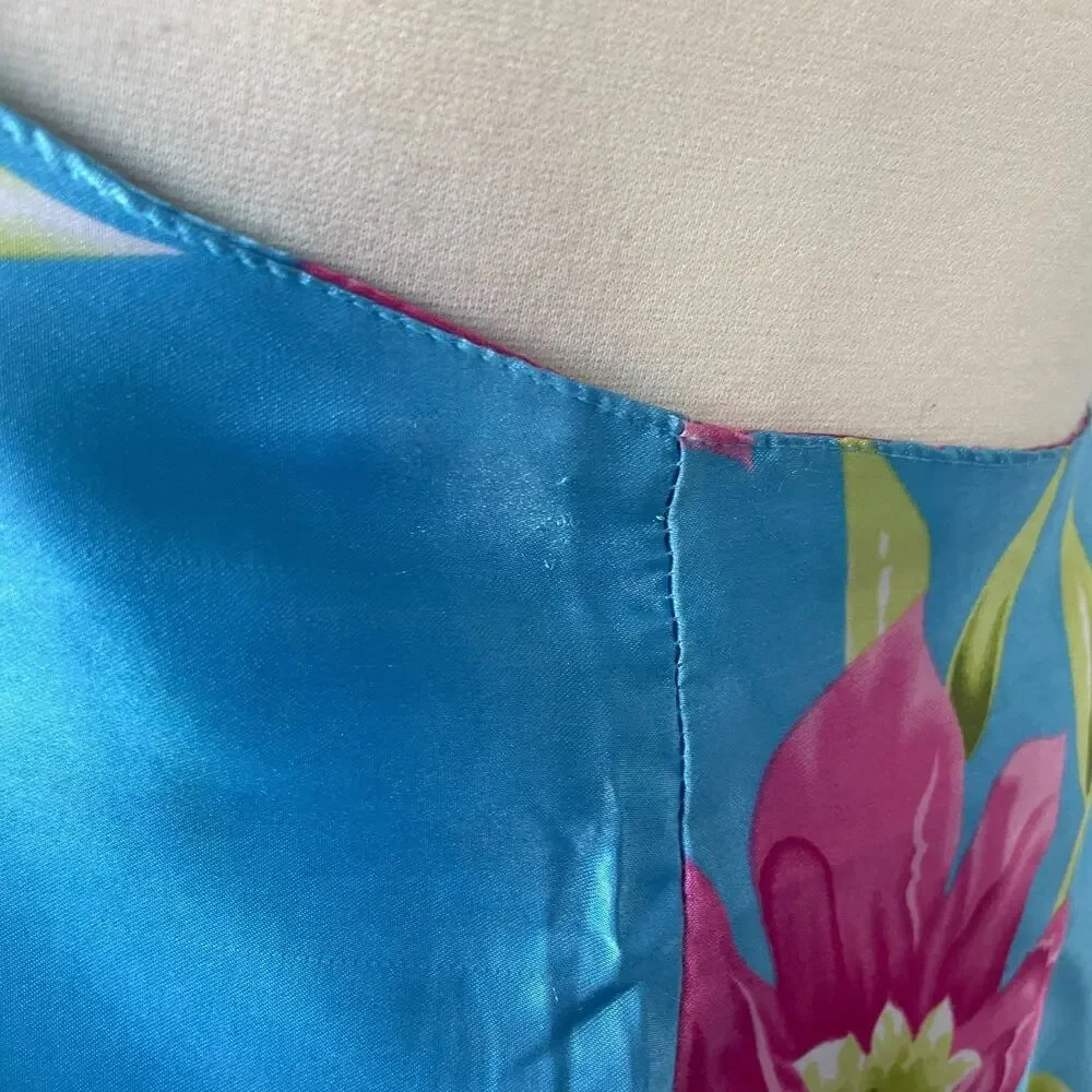 Short Slip Dress Size XL Blue Pink Floral Silky Satin Lingerie Sleep Feminine